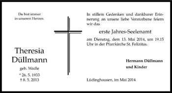 Todesanzeige von Theresia Düllmann von Westfälische Nachrichten