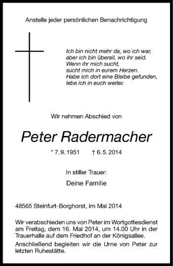 Todesanzeige von Peter Radermacher von Westfälische Nachrichten