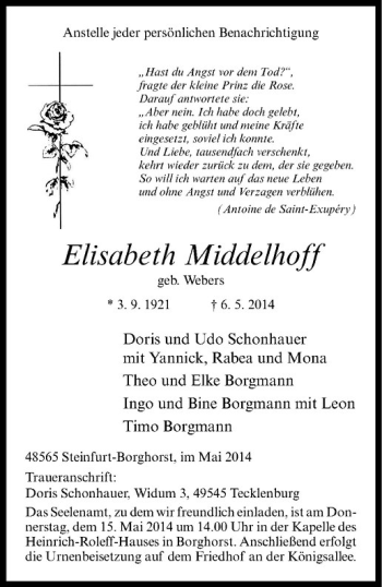 Todesanzeige von Elisabeth Middelhoff von Westfälische Nachrichten