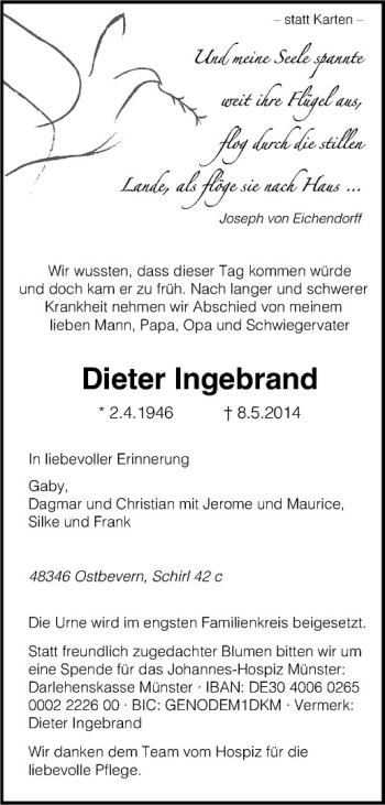 Todesanzeige von Dieter Ingebrand von Westfälische Nachrichten