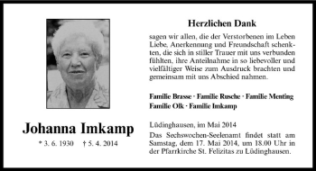 Todesanzeige von Johanna Imkamp von Westfälische Nachrichten
