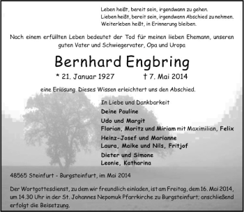 Todesanzeige von Bernhard Engbring von Westfälische Nachrichten