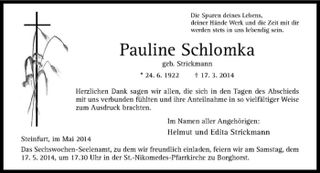Todesanzeige von Pauline Schlomka von Westfälische Nachrichten