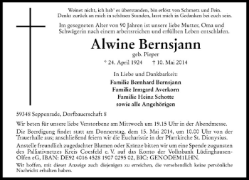 Todesanzeige von Alwine Bernsjann von Westfälische Nachrichten