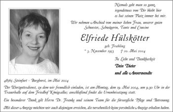 Todesanzeige von Elfriede Hülskötter von Westfälische Nachrichten