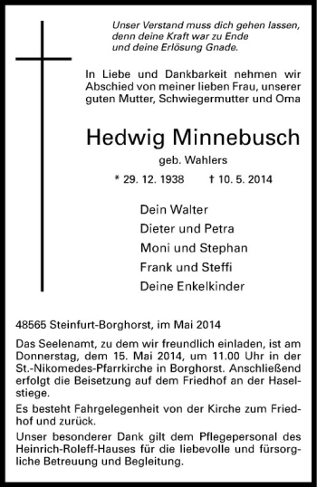 Todesanzeige von Hedwig Minnebusch von Westfälische Nachrichten