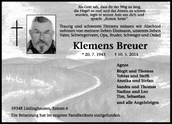 Todesanzeige von Klemens Breuer von Westfälische Nachrichten