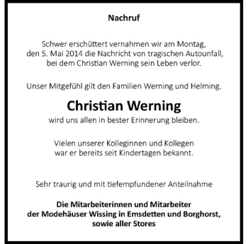 Todesanzeige von Christian Werning von Westfälische Nachrichten