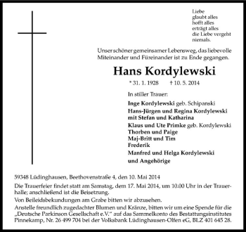 Todesanzeige von Hans Kordylewski von Westfälische Nachrichten