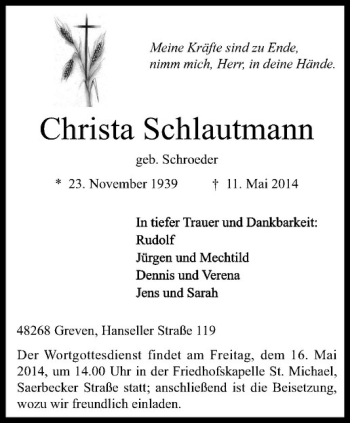 Todesanzeige von Christa Schlautmann von Westfälische Nachrichten