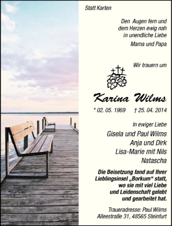 Todesanzeige von Karina Wilms von Westfälische Nachrichten