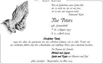 Todesanzeige von Ilse Peters von Westfälische Nachrichten