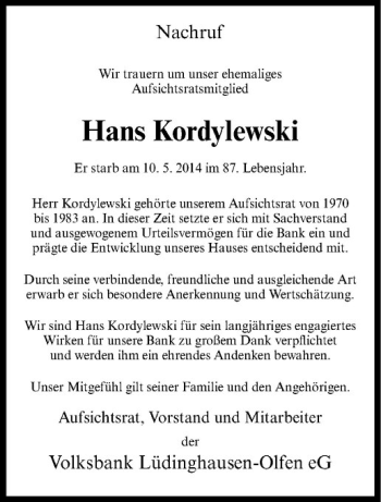 Todesanzeige von Hans Kordylewski von Westfälische Nachrichten