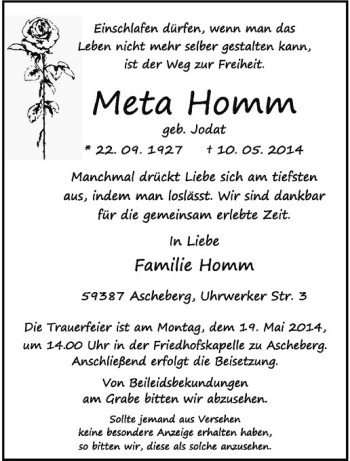 Todesanzeige von Meta Homm von Westfälische Nachrichten