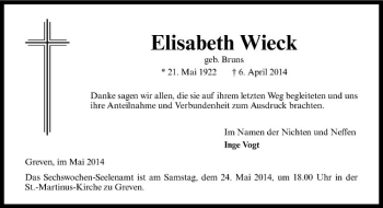 Todesanzeige von Elisabeth Wieck von Westfälische Nachrichten