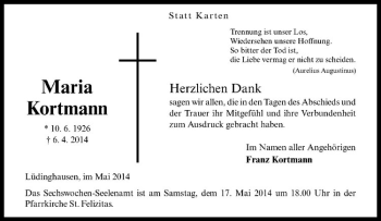 Todesanzeige von Maria Kortmann von Westfälische Nachrichten