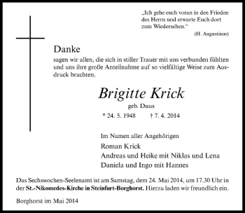 Todesanzeige von Brigitte Krick von Westfälische Nachrichten