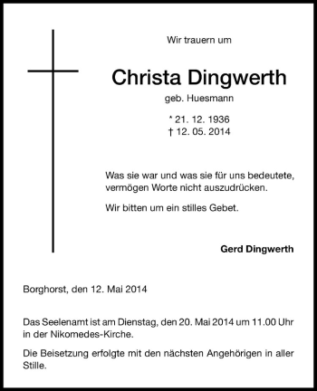 Todesanzeige von Christa Dingwerth von Westfälische Nachrichten