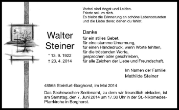 Todesanzeige von Walter Steiner von Westfälische Nachrichten