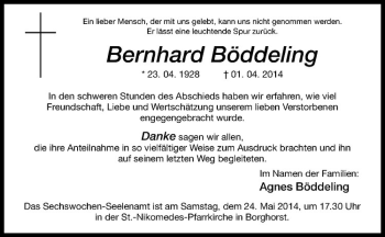 Todesanzeige von Bernhard Böddeling von Westfälische Nachrichten