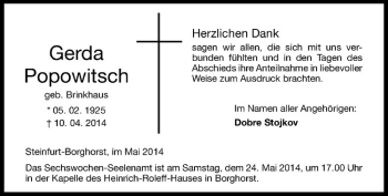 Todesanzeige von Gerda Popowitsch von Westfälische Nachrichten
