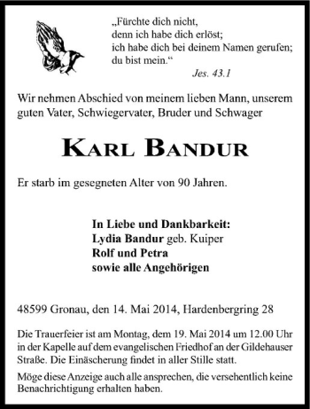 Todesanzeige von Karl Bandur von Westfälische Nachrichten
