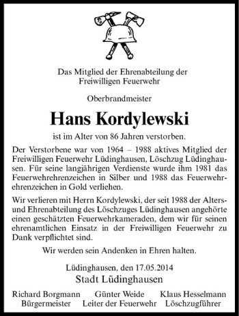 Todesanzeige von Hans Kordylewski von Westfälische Nachrichten