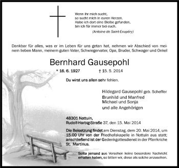 Todesanzeige von Bernhard Gausepohl von Westfälische Nachrichten
