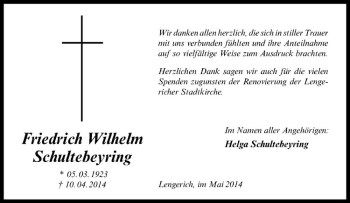 Todesanzeige von Friedrich Wilhelm Schultebeyring von Westfälische Nachrichten