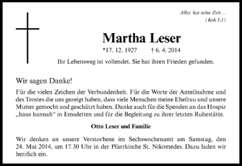 Todesanzeige von Martha Leser von Westfälische Nachrichten