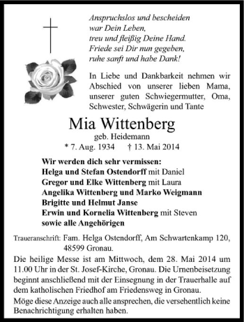 Todesanzeige von Mia Wittenberg von Westfälische Nachrichten