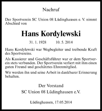 Todesanzeige von Hans Kordylewski von Westfälische Nachrichten