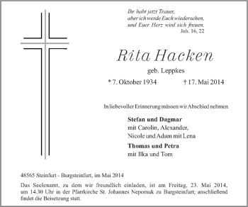 Todesanzeige von Rita Hacken von Westfälische Nachrichten