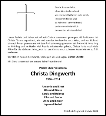 Todesanzeige von Christa Dingwerth von Westfälische Nachrichten