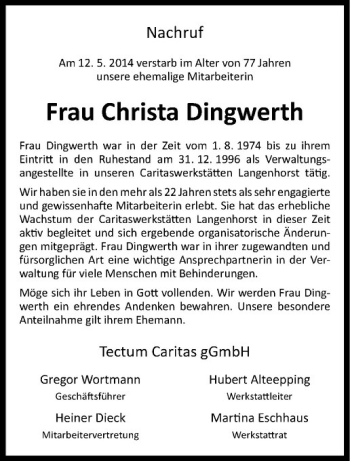 Todesanzeige von Christa Dingwerth von Westfälische Nachrichten