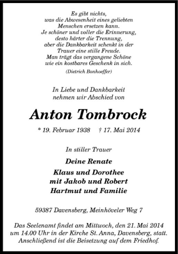 Todesanzeige von Anton Tombrock von Westfälische Nachrichten