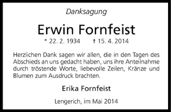 Todesanzeige von Erwin Fornfeist von Westfälische Nachrichten