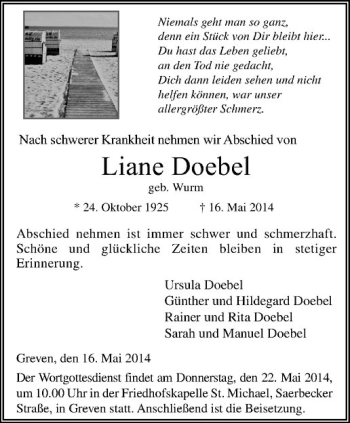 Todesanzeige von Liane Doebel von Westfälische Nachrichten