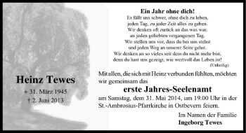 Todesanzeige von Heinz Tewes von Westfälische Nachrichten