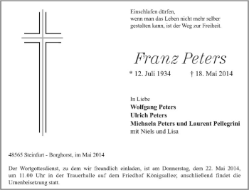 Todesanzeige von Franz Peters von Westfälische Nachrichten