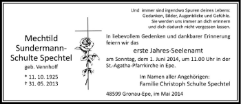Todesanzeige von Mechthild Sundermann-Schulte Spechtel von Westfälische Nachrichten