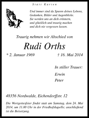 Todesanzeige von Rudi Orths von Westfälische Nachrichten