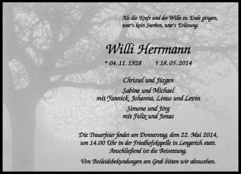 Todesanzeige von Willi Herrmann von Westfälische Nachrichten