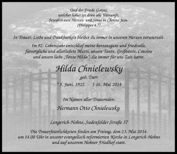 Todesanzeige von Hilda Chnielewsky von Westfälische Nachrichten