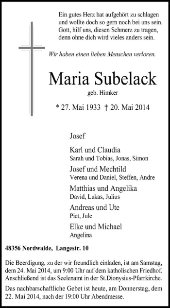 Todesanzeige von Maria Subelack von Westfälische Nachrichten