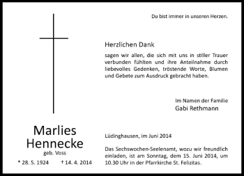 Todesanzeige von Marlies Hennecke von Westfälische Nachrichten