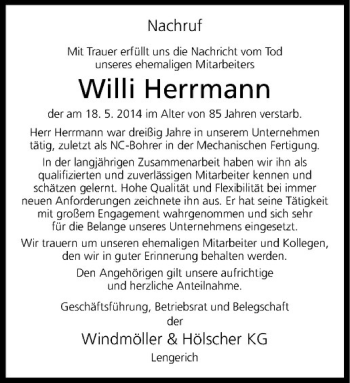 Todesanzeige von Willi Herrmann von Westfälische Nachrichten