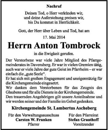 Todesanzeige von Anton Tombrock von Westfälische Nachrichten