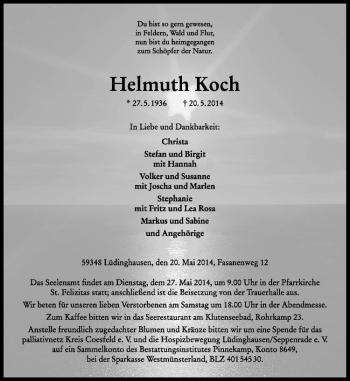 Todesanzeige von Helmuth Koch von Westfälische Nachrichten
