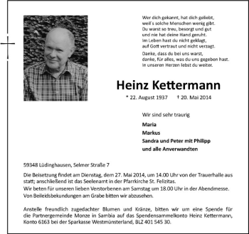 Todesanzeige von Heinz Kettermann von Westfälische Nachrichten